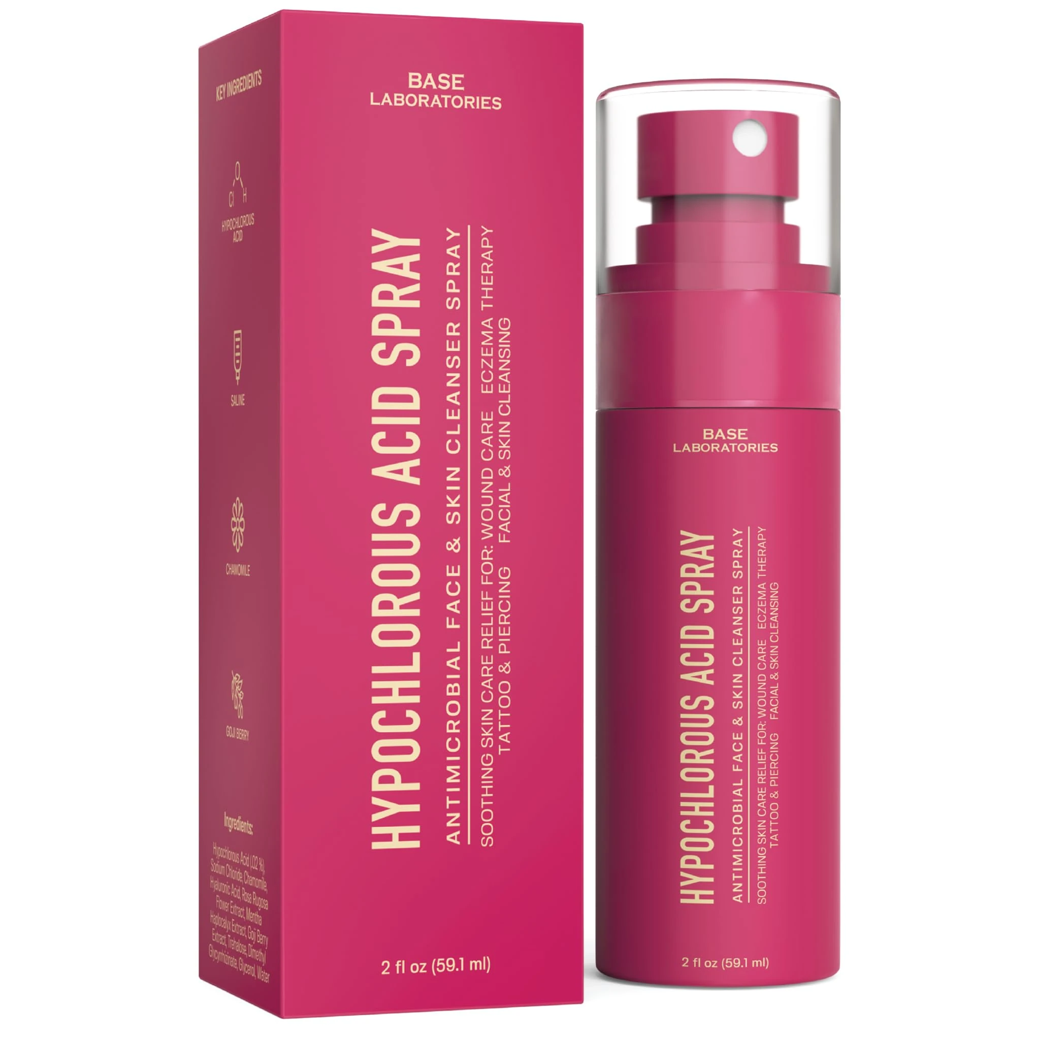 "BASE LABORATORIES Hypochlorous Acid Spray for Face & Skin - Travel Size - Facial Toner & Cleaner - Skin Repair Solution helps reduce redness, Irritations, acne - HOCL Molecule Spray 59ml"