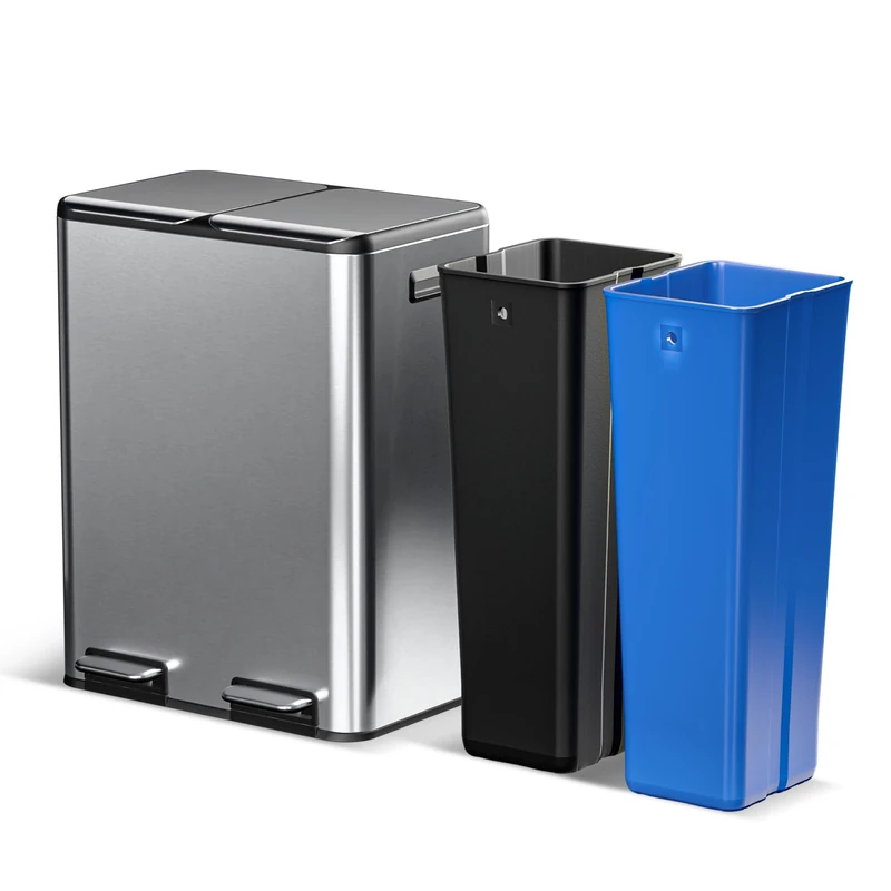 Home Zone Living 15.8 Gallon Kitchen Trash Can with Dual Removable Liners for Recycling and Trash, Stainless Steel Build with Soft and Slow Closing Lid, Silver