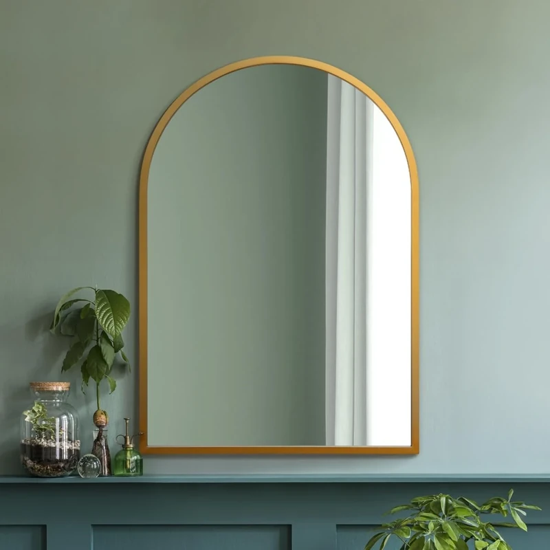MirrorOutlet Arched Modern Gold Large Arched Metal Modern Wall Mirror: 100 x 70cm - Suitable for Bedroom, Living Room, Dressing Room, and Living spaces.