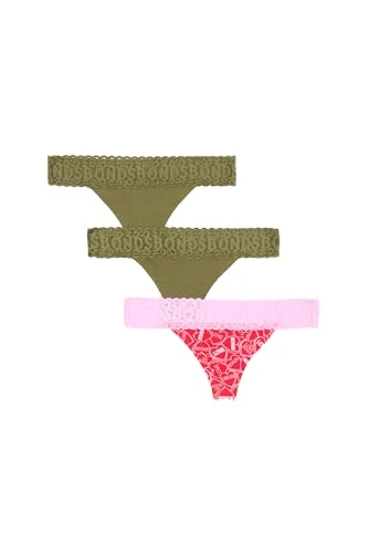 Bonds Women's Thong Pack, Lace-top Icons Panties, Stretchy Cotton-Blend, Low-Rise Underwear, 3-Pack, Jungle Camo/Candied Hearts, S (Pack of 3) - Image 1