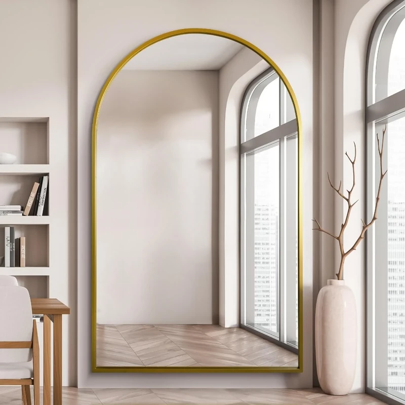 MirrorOutlet Arched Modern Gold Large Arched Metal Modern Wall Mirror: 190 x 120cm - Suitable for Bedroom, Living Room, Dressing Room, and Living spaces.