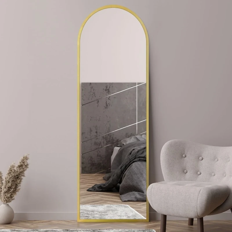 MirrorOutlet Arched Modern Gold Large Arched Metal Modern Wall Mirror: 180 x 60cm - Suitable for Bedroom, Living Room, Dressing Room, and Living spaces.