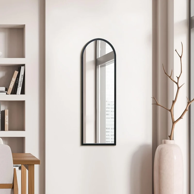 MirrorOutlet Arched Modern Black Large Arched Metal Modern Wall Mirror: 120 x 40cm - Suitable for Bedroom, Living Room, Dressing Room, and Living spaces.