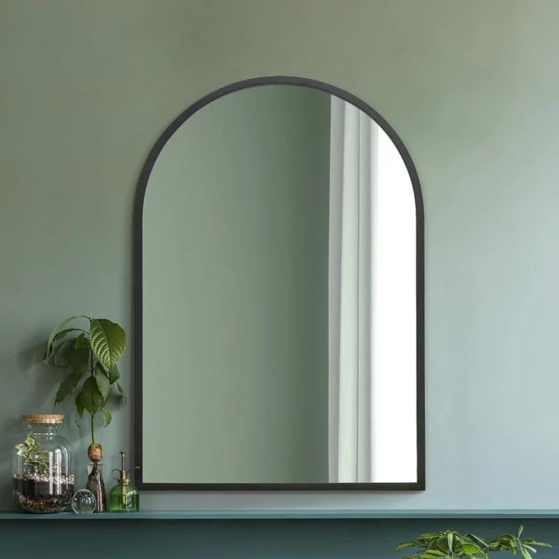 MirrorOutlet Arched Modern Black Large Arched Metal Modern Wall Mirror: 100 x 70cm - Suitable for Bedroom, Living Room, Dressing Room, and Living spaces.