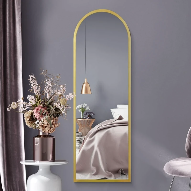 MirrorOutlet Full Length Gold Large Tall Arched Metal Modern Wall Mirror: 160 x 53cm - Suitable for Bedroom, Living Room, Dressing Room, and Living spaces.
