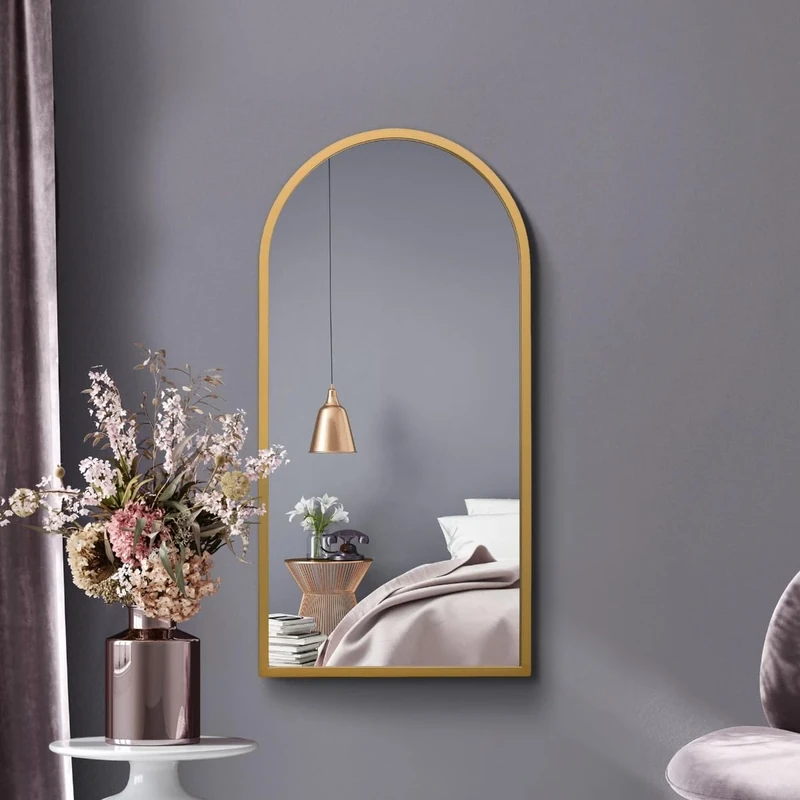 MirrorOutlet Arched Modern Gold Large Arched Metal Modern Wall Mirror: 80 x 40cm - Suitable for Bedroom, Living Room, Dressing Room, and Living spaces.