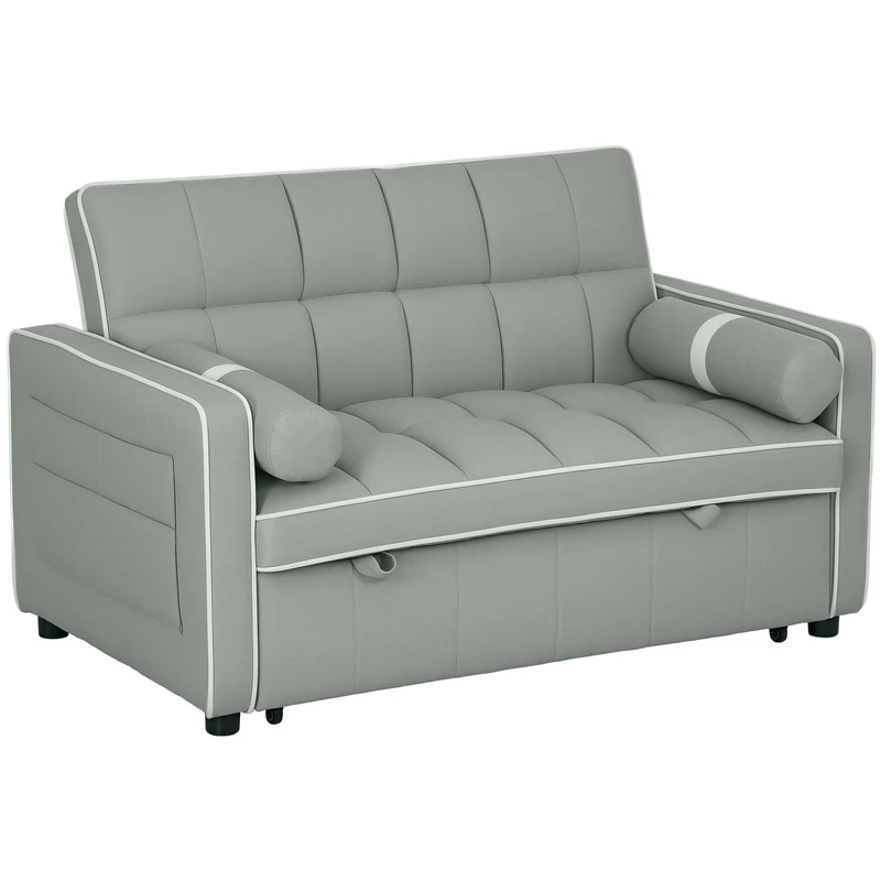 HOMCOM 2 Seater Sofa Bed, Click Clack Pull Out Sofa Bed with Adjustable Backrest and Pillows, 3-in-1 Modern Tufted Settee for Living Room, Bedroom, Guest Room, Light Grey
