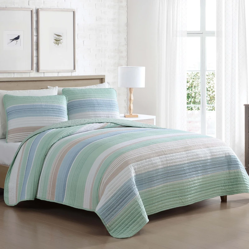 Beatrice Home Fashions Striped Quilt Set, Polyester, Sage Blue, King