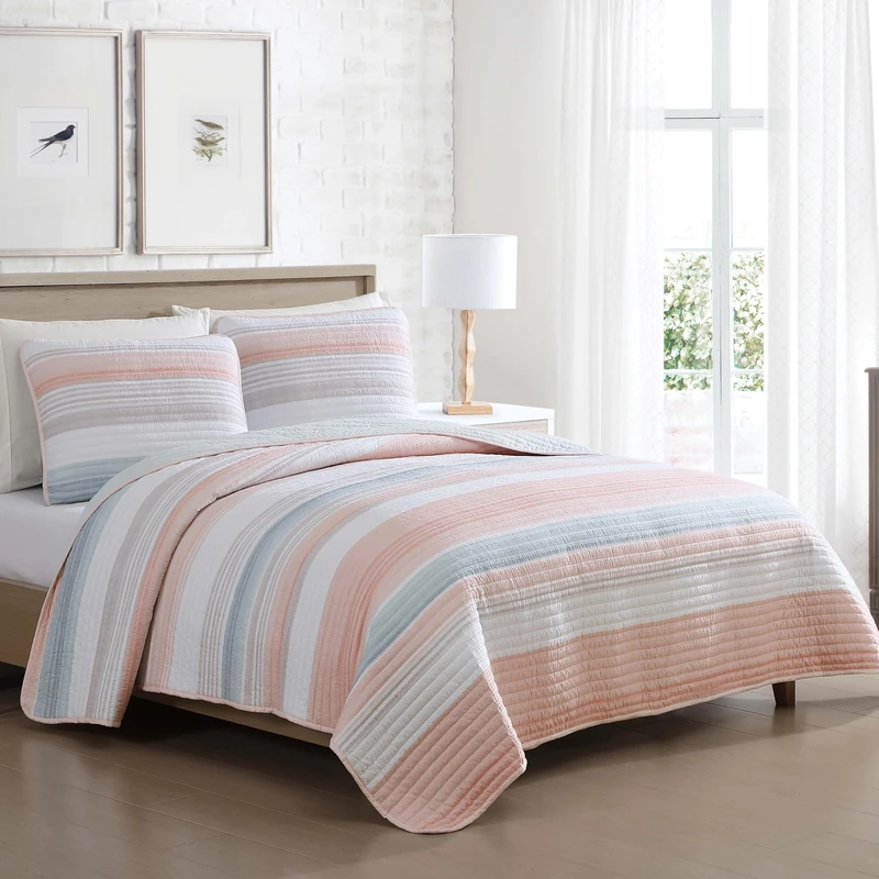 Coralinn Full/Queen Striped 3-Piece Lightweight Quilt Set, Blush