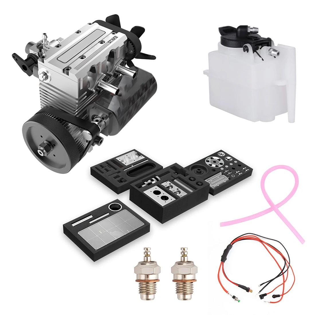 BlocteckToy Engine Model Kit with Starter Kit, ST-NF2 7.0cc Mini Inline Double-Cylinder Four-Stroke Air-Cooled Nitro Interal Combustion Engine Model Kit That Runs, Physical Experiment Model