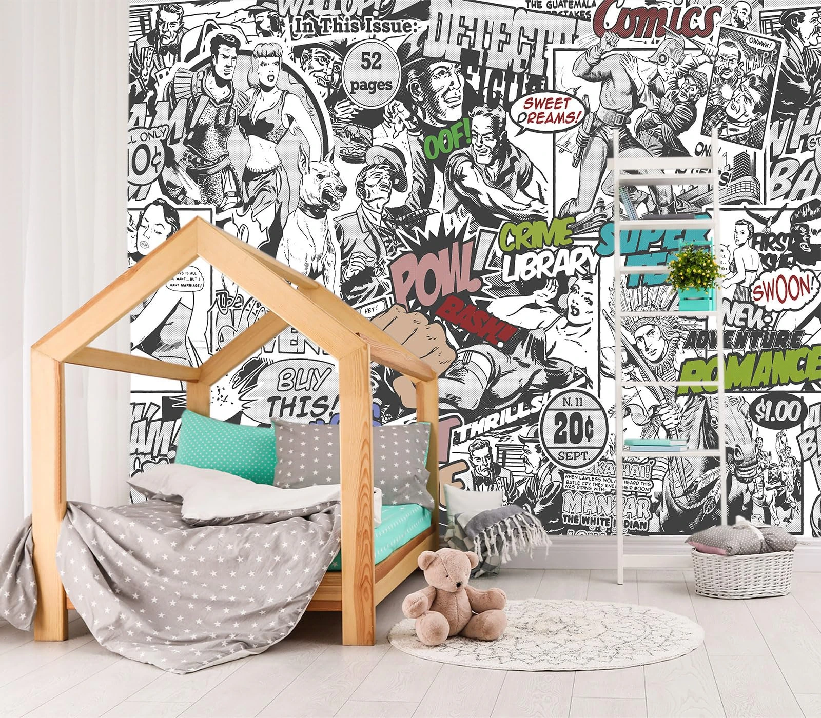 XMPMBM-Cartoon Hand-Painted Comics Nursery Room Fabric Wallpaper Kids Gaming Room Graffiti Bedroom Wall Mural- W 154" X H 105" L