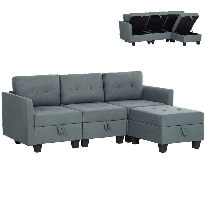 HOMCOM Convertible Modular Sectional Sofa with Storage, Tufted 3 Seater Sofa Set, L Shaped Couch with Ottoman, Wood Frame for Living Room, Dark Grey - Image 1