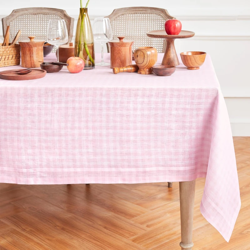 Solino Home 100% Pure Linen Tablecloth Marshmellow Pink Check, 60 x 132 in