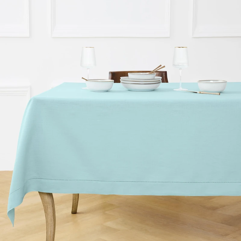 Solino Home 100% Pure Linen Tablecloth Aqua Blue Hemstitch, 60 x 108 in