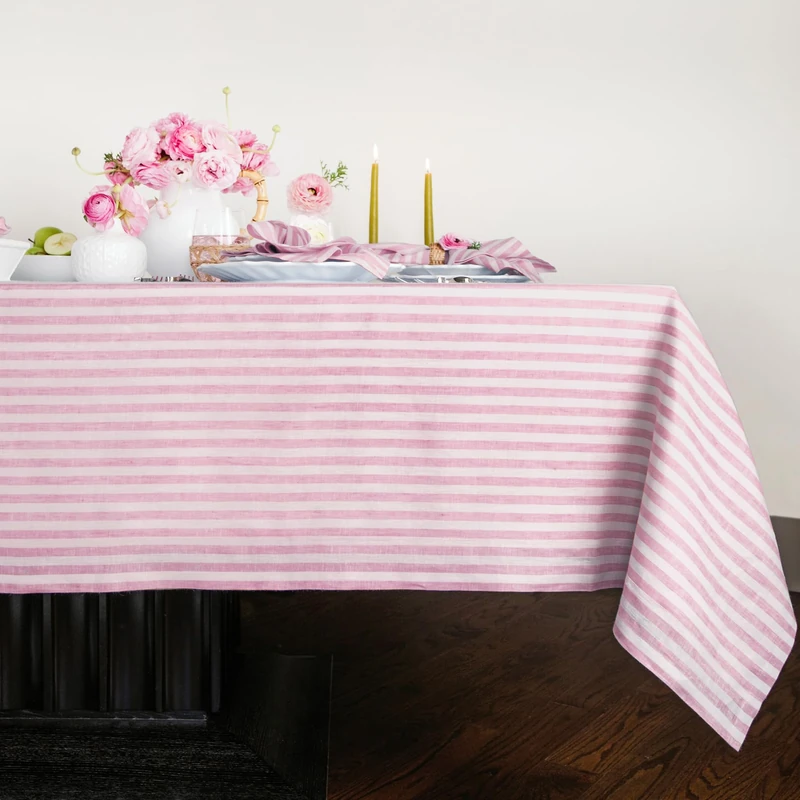 Solino Home 100% Pure Linen Tablecloth, 60 x 132 in, Blossom, Amalfi Stripe