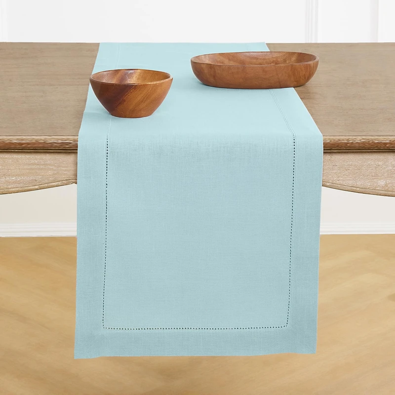 Solino Home Linen Aqua Blue Table Runner 132 Inches Long - 100% Pure Linen Extra Long Table Runner 14 x 132 Inch for Summer - Classic Hemstitch