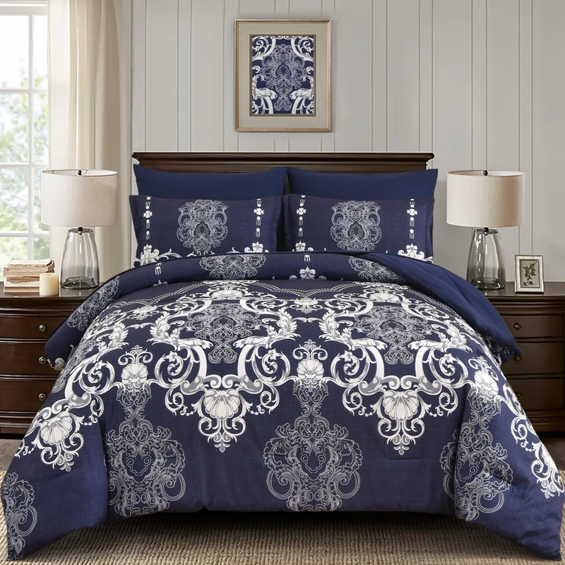 Mybedsoul Navy Blue Queen Comforter Set, 7 Pieces Boho Bed in a Bag for Queen Bed, Damask Comforter with Sheets Pillowcases, Soft Microfiber Lightweight Bedding Sets for All Season(90"x90")