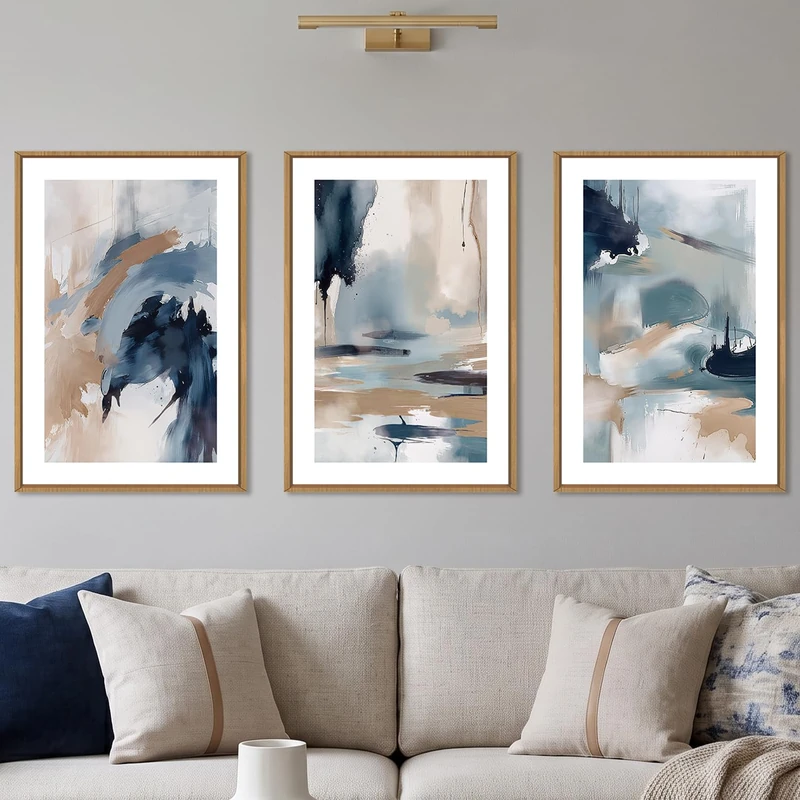 KAIRNE Blue Abstract Neutral Framed Canvas Wall Art Set, Navy Abstract Wall Decor, Watercolor Blue and Brown Wall Painting, Modern Textured Art Prints for Living Room, Bedroom, Office-24 x36 x3