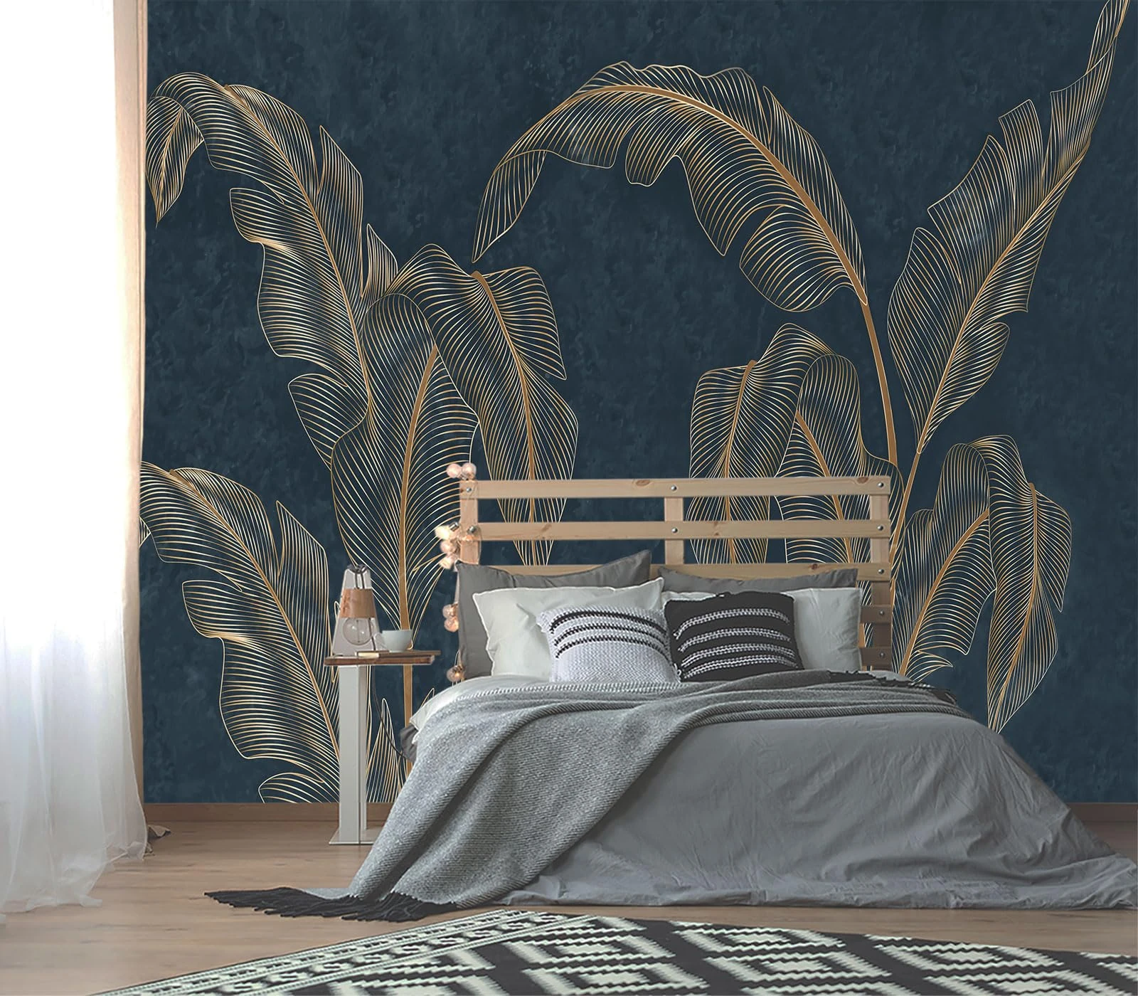 XMPMBM-Modernity Simple Abstraction Banana Leaf Fabric Wallpaper Dark Leaf Living Room Bedroom Bathroom Wall Mural- W 154" X H 105" L