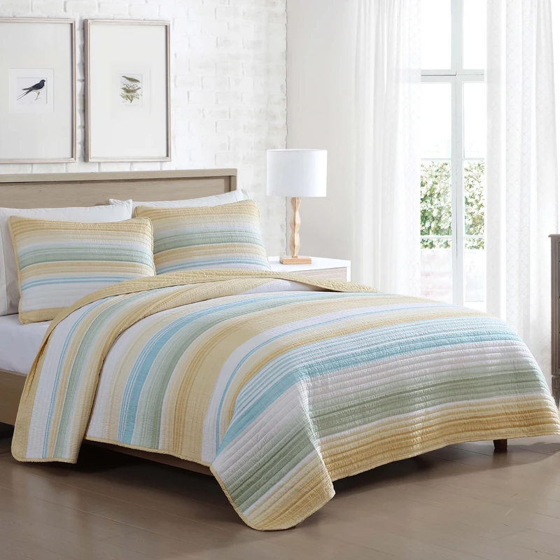 Coralinn King Striped 3-Piece Lightweight Quilt Set, Yellow Sage