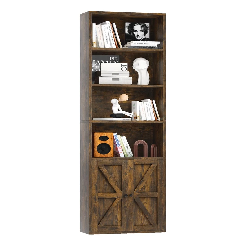 oneinmil Tall Bookshelf, 6 Tier Bookcase with Cabinet Doors, Modern Bookshelves Display Rack, Storage Cabinet for Home, Office, Living Room, Brown