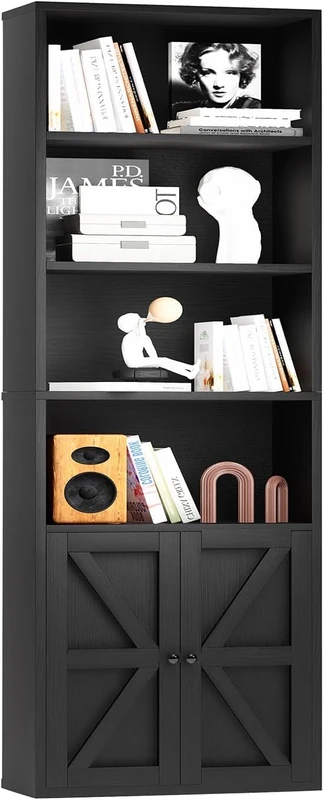 oneinmil Tall Bookshelf, 6 Tier Bookcase with Cabinet Doors, Modern Bookshelves Display Rack, Storage Cabinet for Home, Office, Living Room, Black