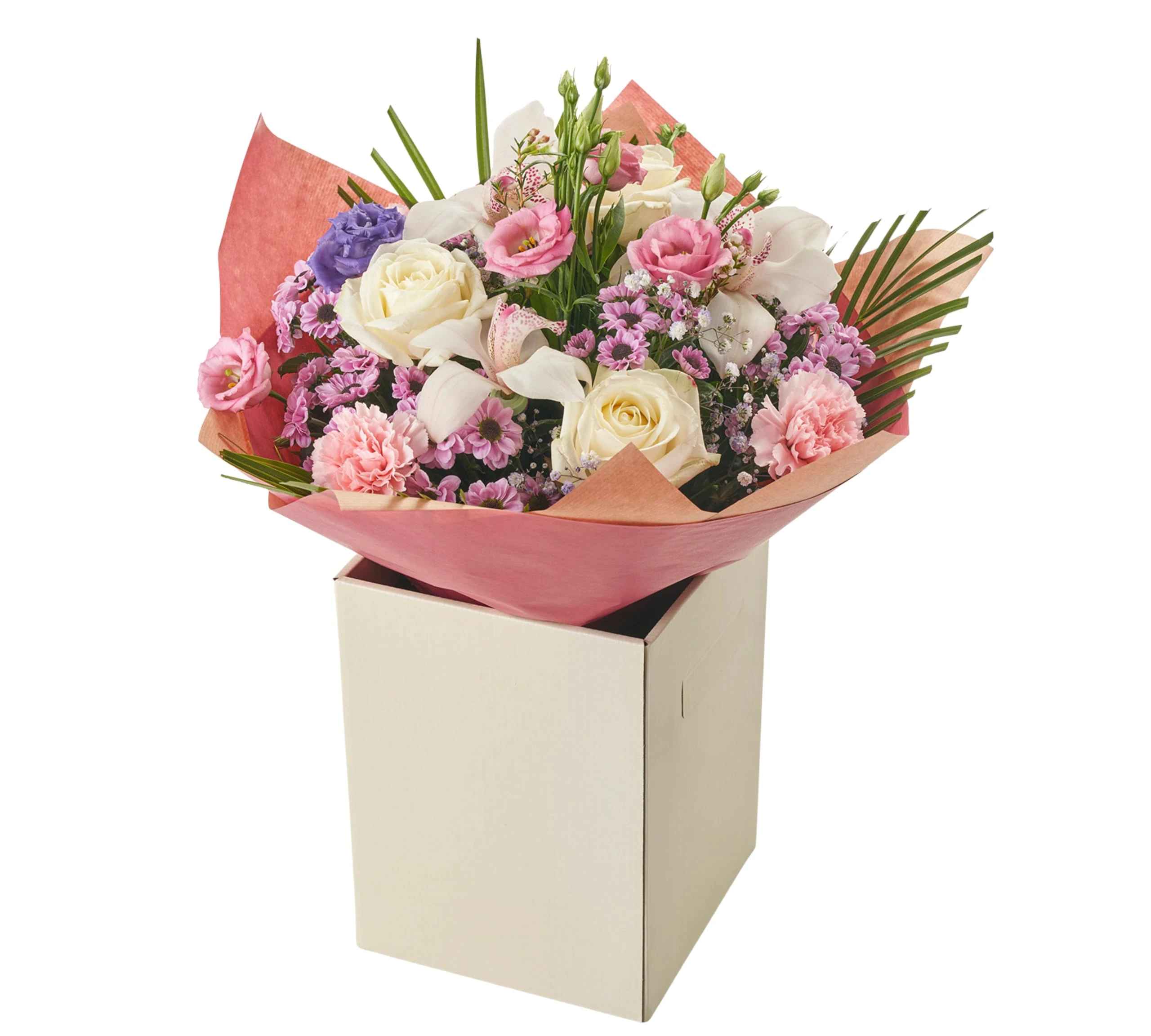 Elegant Orchid and White Rose with Pink Carnations and Lisianthus Bouquet, Fresh Flowers in Gift Box, Celebrations Floral Arrangement For Birthdays, Anniversaries, Festive Occasions