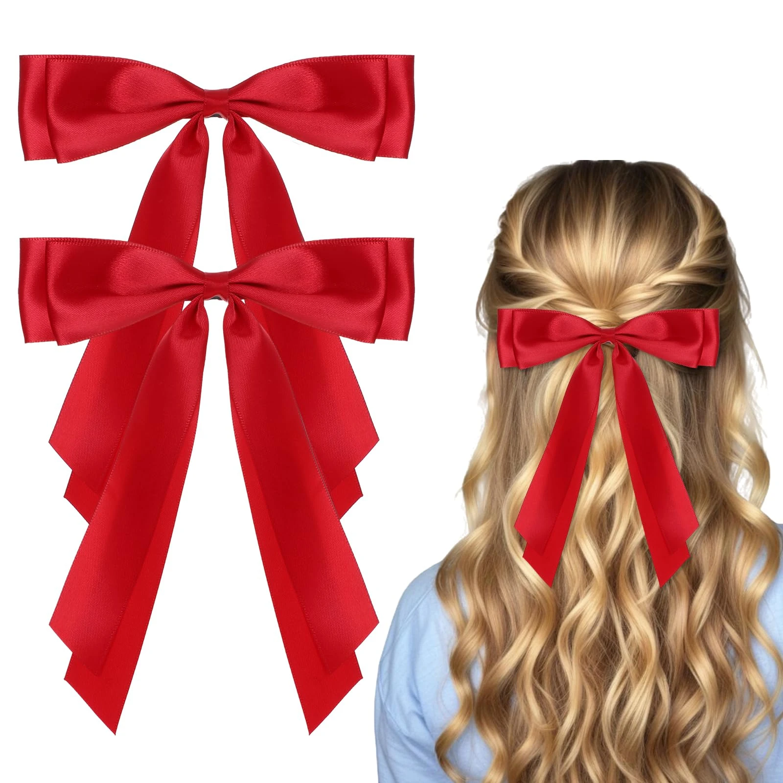 Cobee 2 Pcs Red Hair Bow, Satin Bows Red Hair Ties, Large Double Satin Ribbon Hair Clips Red Accessories for Holiday Party Women Girls Ponytail Holder