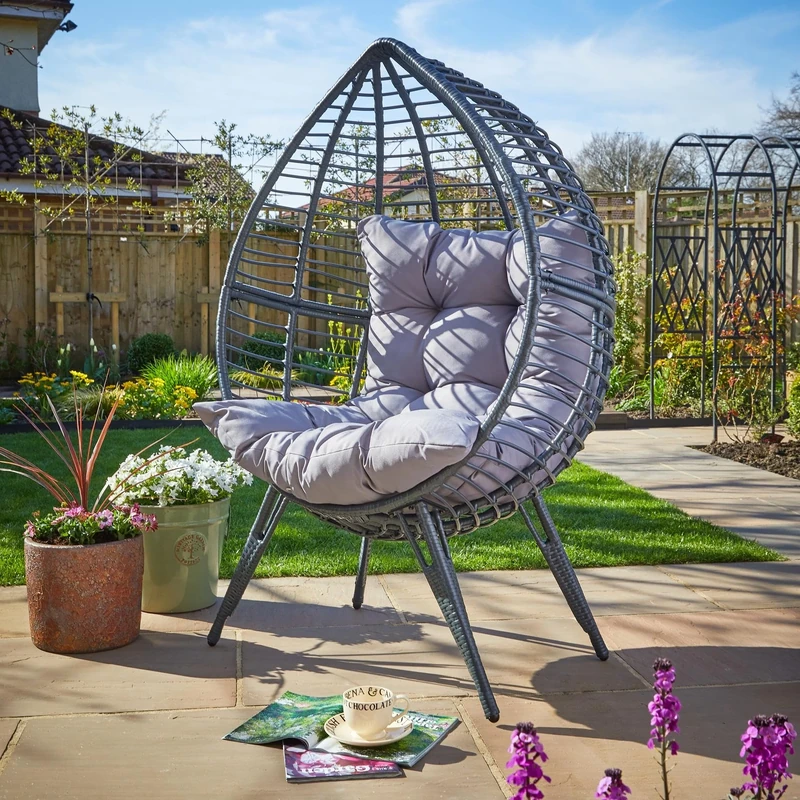 Home Source Rattan Garden Chair, Waterproof Egg Shape Patio Relaxation Seat, Indoor/Outdoor, Soft Cushion Support, Dark Grey