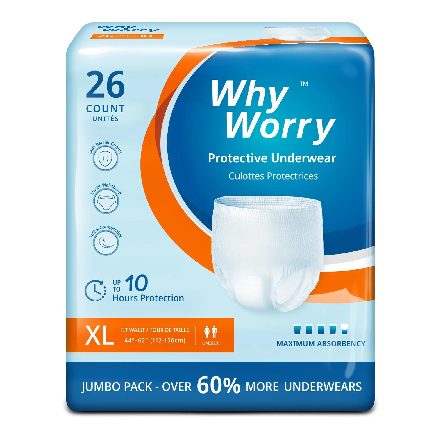 WhyWorry Incontinence Pants for Women and Men, Disposable Adult Pull Ups with Overnight Absorbency, Odor Control, Unisex, XLarge, 26 Count