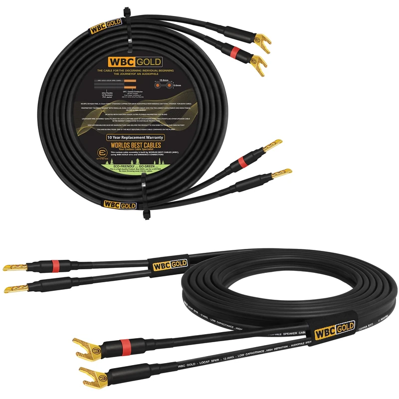 WORLDS BEST CABLES 50 Foot WBC-GOLD-LOCAP-SPKR-12 AWG - Low-Capacitance - Low-Inductance - High Purity OFC - Audiophile HiFi Speaker Cable Pair with Eminence Gold Banana (x2) & Spade (x2) Plugs