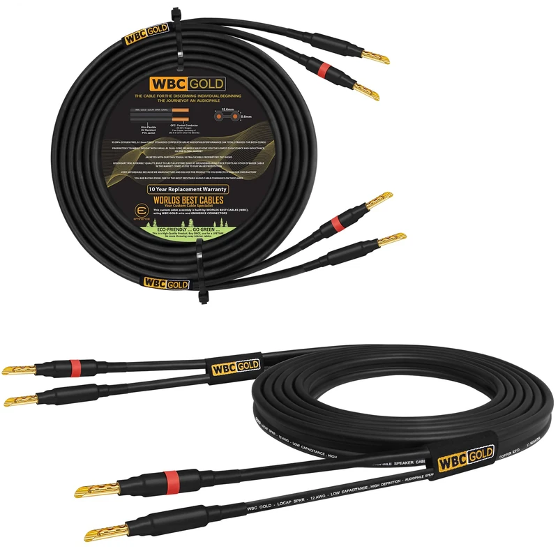 WORLDS BEST CABLES 50 Foot WBC-GOLD-LOCAP-SPKR-12 AWG - Low-Capacitance - Low-Inductance - High Purity OFC - Audiophile HiFi Speaker Cable Pair with Eminence Gold Banana Plugs