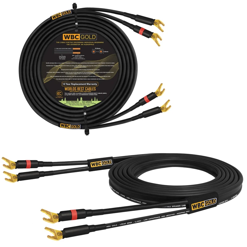 WORLDS BEST CABLES 25 Foot WBC-GOLD-LOCAP-SPKR-12 AWG - Low-Capacitance - Low-Inductance - High Purity OFC - Audiophile HiFi Speaker Cable Pair with Eminence Gold Spade Plugs