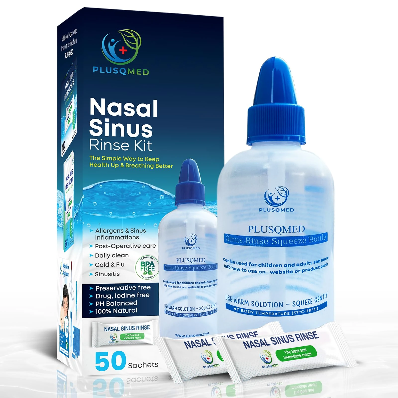 Sinus Rinse Kit, Squeeze Bottle, Neti Pot,+20 Salt sachets, Original Plusqmed,Nasal wash, Sinus Rinse, Adults, Children (250 ml + 50 Salt)