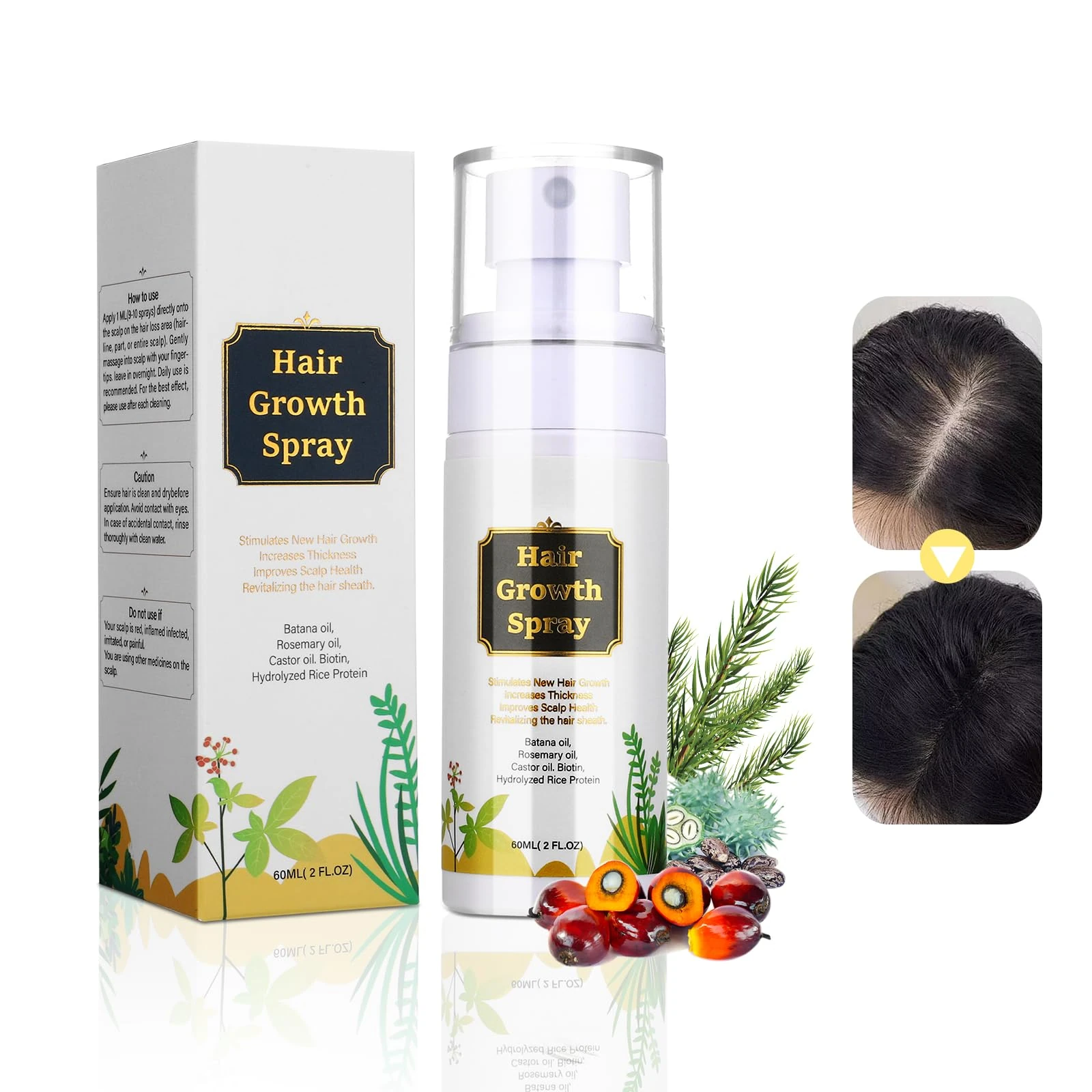 Natural Hair Growth Spray Nurturing Scalp, Hair Growth Serum with Batana Oil Rosemary Oil Castor Oil and Biotin, Effective Hair Thickening for Men and Women of All Hair Types 2 Fl.oz (1 PC)