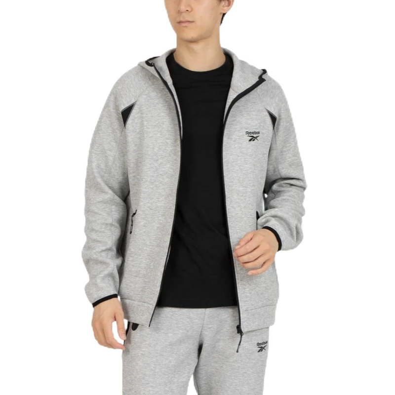 Reebok Men's Contrast Panel Zip Hoody Hooded Sweatshirt, Grey Marl, L