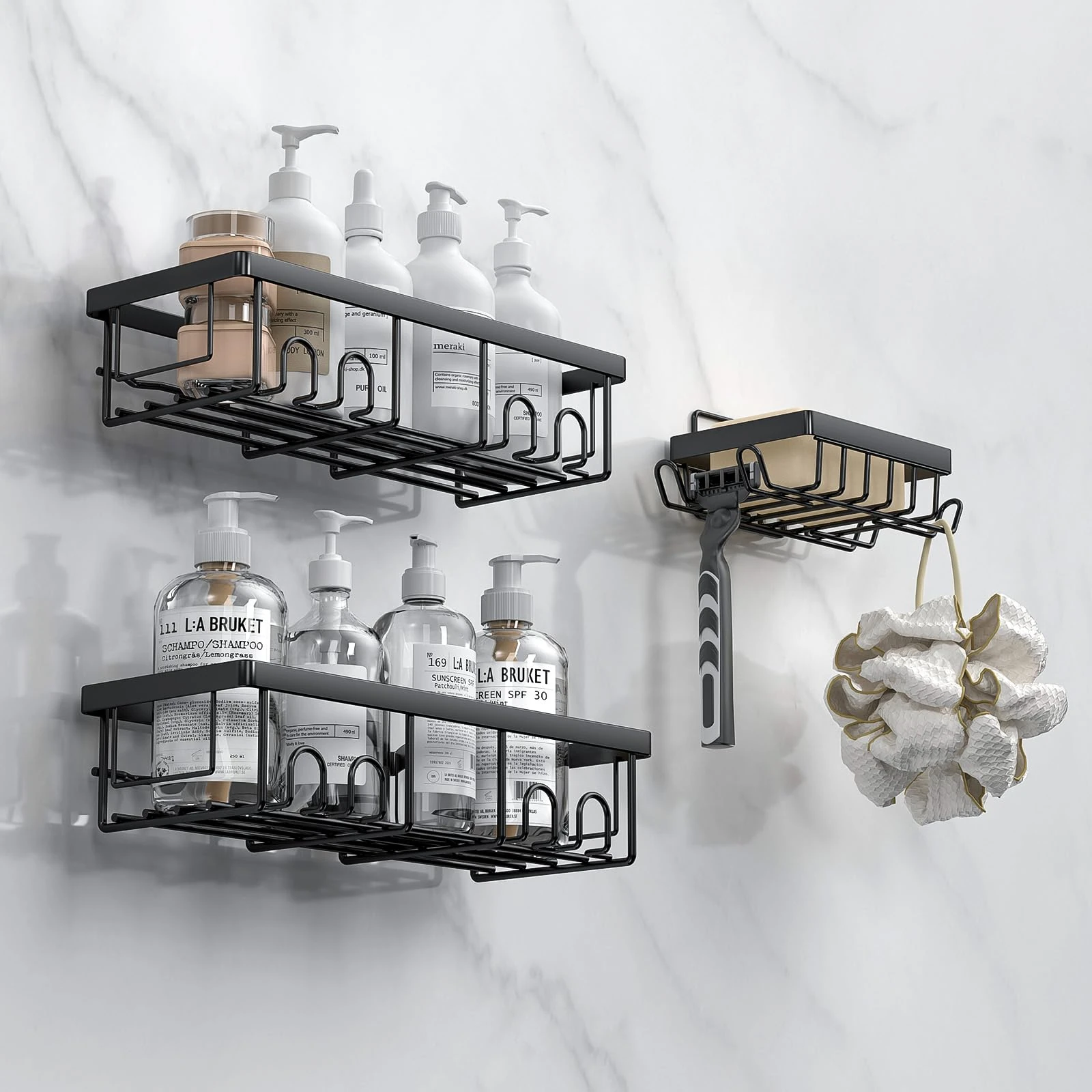 AceMining Shower Caddy, 3 Pack Black Shower Storage Organiser with Hooks, Adhesives Bathroom Caddy No Drill, Bathroom Wall Storage Accessories