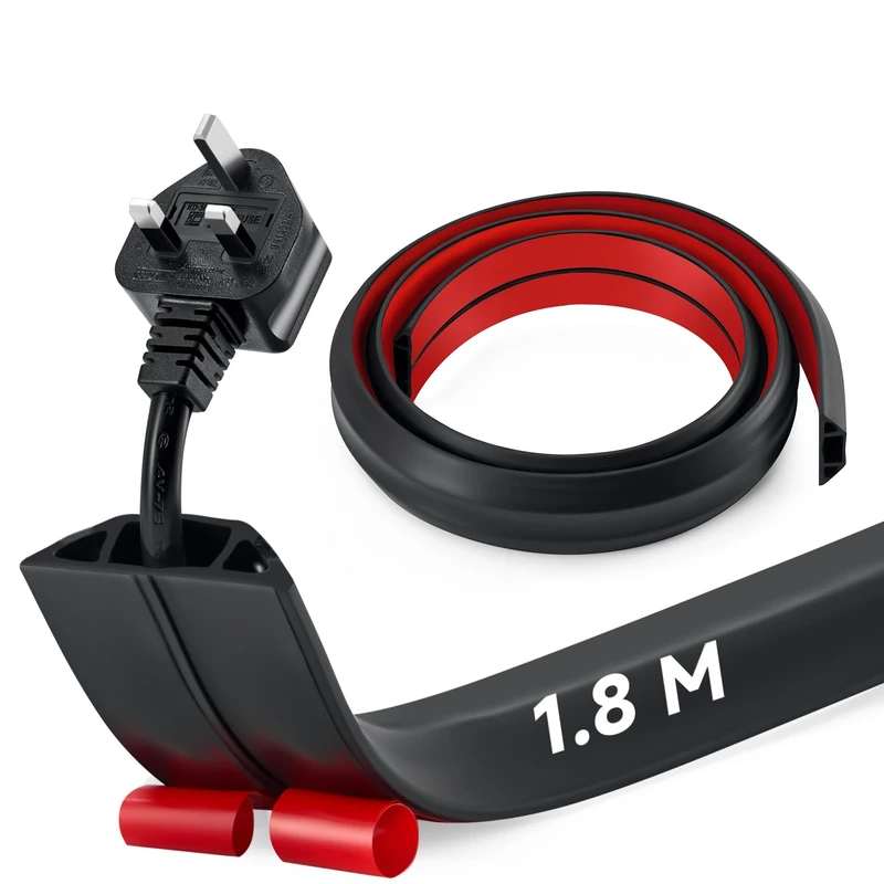 CREWORKS 1.8 m Floor Cord Cover, 3 Channel Cable Cover with Self-Adhesive Baking, Extension Cord Cable Protector, Flexible PVC Duct Wire Cable Management for Homes Offices Garages, Black