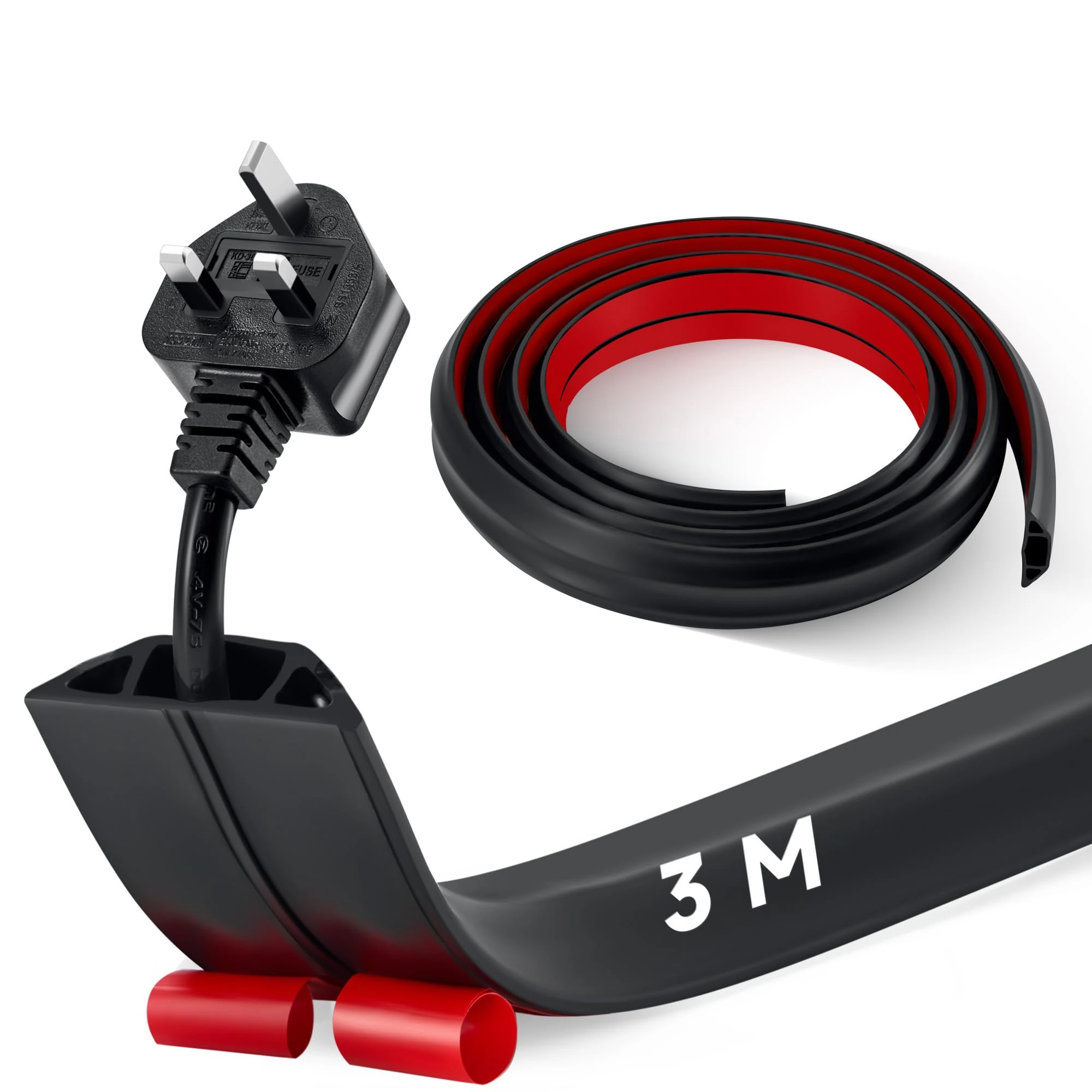 CREWORKS 3 m Floor Cord Cover, 3 Channel Cable Cover with Self-Adhesive Baking, Extension Cord Cable Protector, Flexible PVC Duct Wire Cable Management for Homes Offices Garages, Black