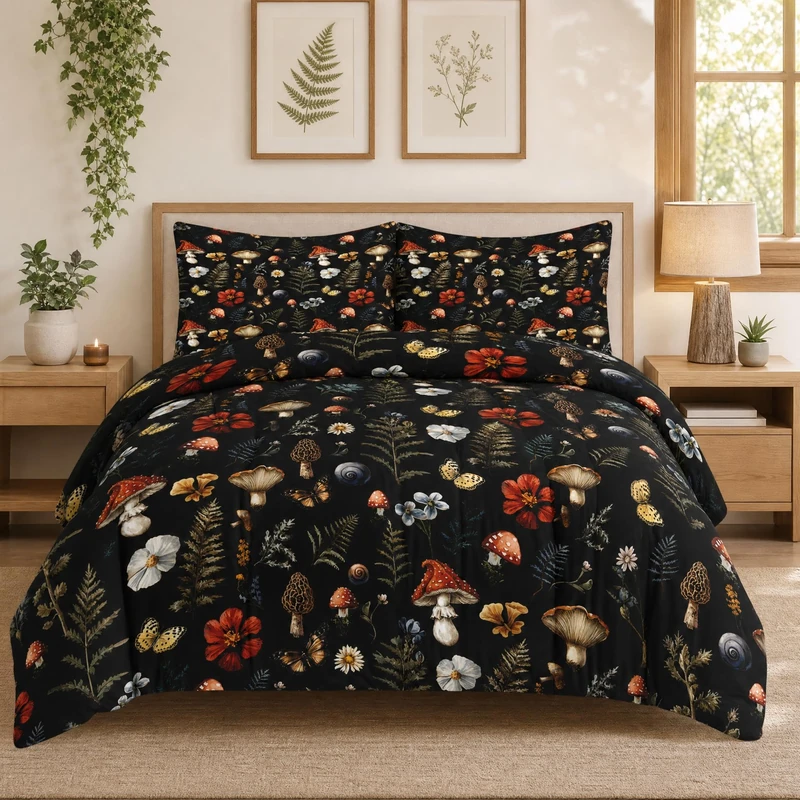 Pamnest Comforter Set King Size, Mushroom Woodland Vintage Soft 3 Pcs Bedding for Kids and Adults, Fern Plants Botanical Black Comforter Set with Pillowcase, for Bedroom Bed Decor
