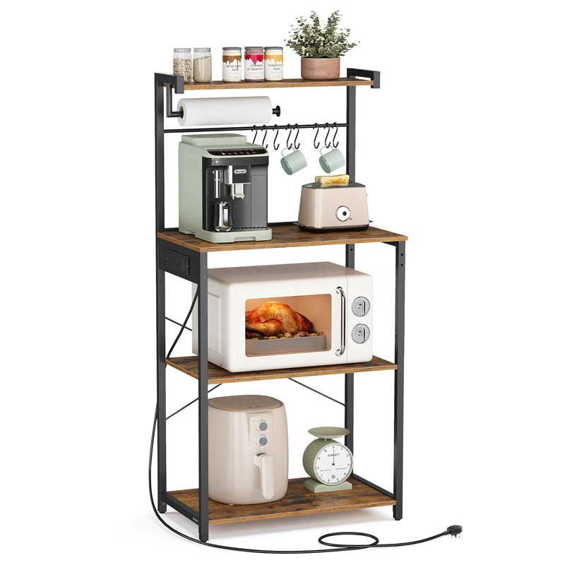 VASAGLE Kitchen Bakers Rack with Power Outlet, 4-Tier Coffee Bar with Adjustable Shelf, Microwave Stand, Paper Towel Holder, 40 x 60 x 140 cm, Rustic Brown and Ink Black KKS014K03