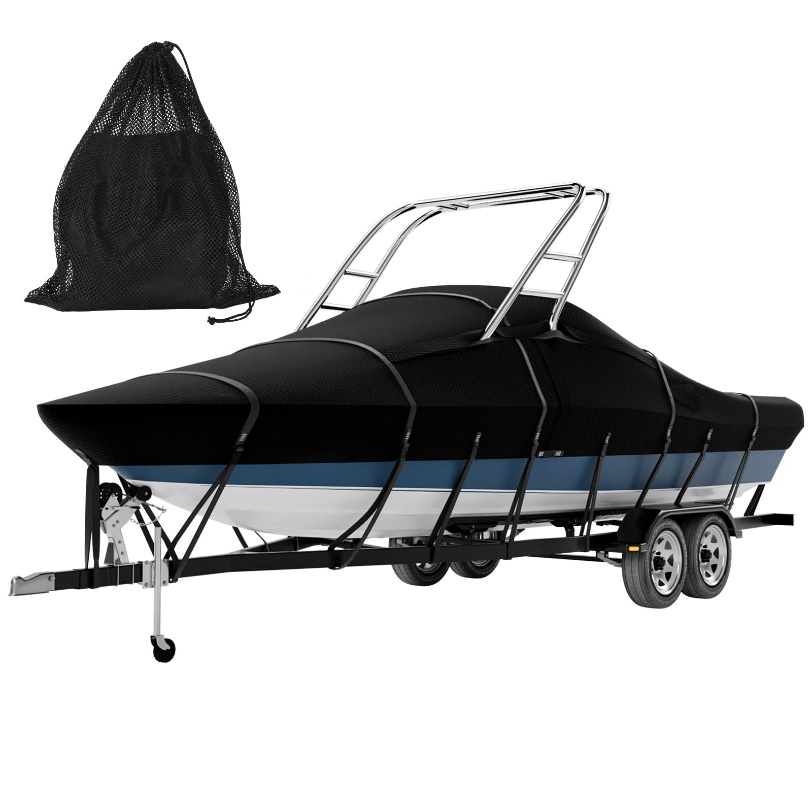 Tuszom True 900D Solution Dyed Waterproof Ski&Wakeboard Tower Boat Cover with Fully Windproof Straps and Storage Bag Fit 20'- 22'L Beam Width to 106" W, Trailerable V-Hull Runabouts OutBoards and I/O