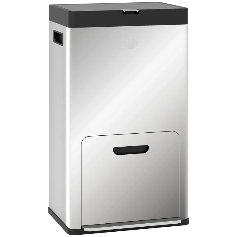 HOMCOM Kitchen Bin, 2 x 18L and 20L Volumes, Stainless Steel 3 Compartment Bin with Wheels, Soft Close Lid, Removable Inner Buckets, Fingerprint-Proof for Recycling and Waste, Silver Tone