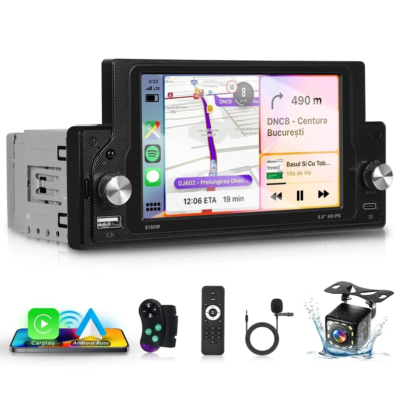 Hodozzy Single Din Car Stereo with Apple Carplay Wireless Android Auto, 5.9 inch HD IPS Touchscreen 1 Din Car Radio with Bluetooth 5.0/EQ Audio/SWC/HD Camera+USB/Type-C Ports+Remote Control