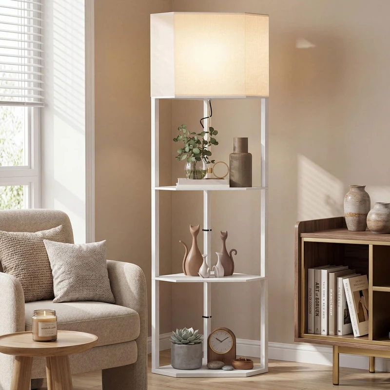 HOMCOM Corner Floor Lamp with Shelves and Lights, Modern Tall Standing Lamp with Chain Switch for Living Room, Bedroom, Bulb Not Included, White