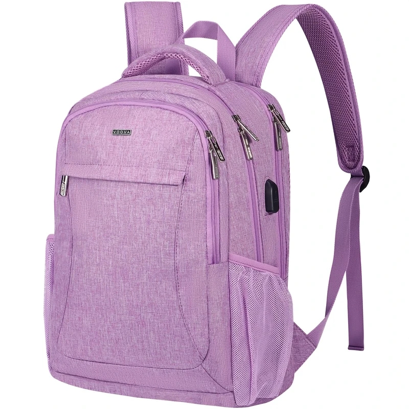Voova Travel Laptop Backpack for Women & Men, Lightweight Business Rucksack Work Bag with USB Charging Port, Anti Theft Backpack Waterproof Slim School Rucksack Fits 15.6 Inch Laptop, Purple