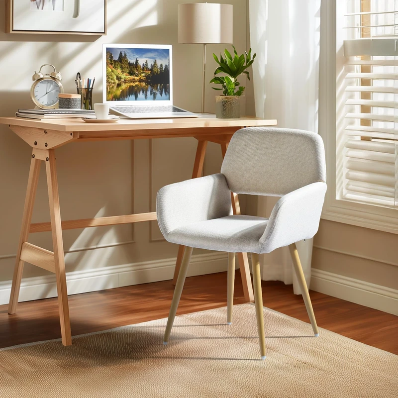 FurnitureR 2PCS Ergonomic Home Office Chair Upholstery for Workspaces Study Desk Chair No Wheels Computer Chair with Wooden Metal Legs, Beige