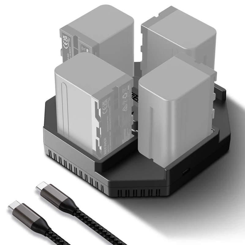 Neewer NP-F970 4 Channel Charger for NP-F550 NP-F750 Camcorder Camera Battery, 100W PD Fast Charging NPF Battery Charger with OLED Display & 100W USB C to USB C Fast Charging Cable, NW-F4