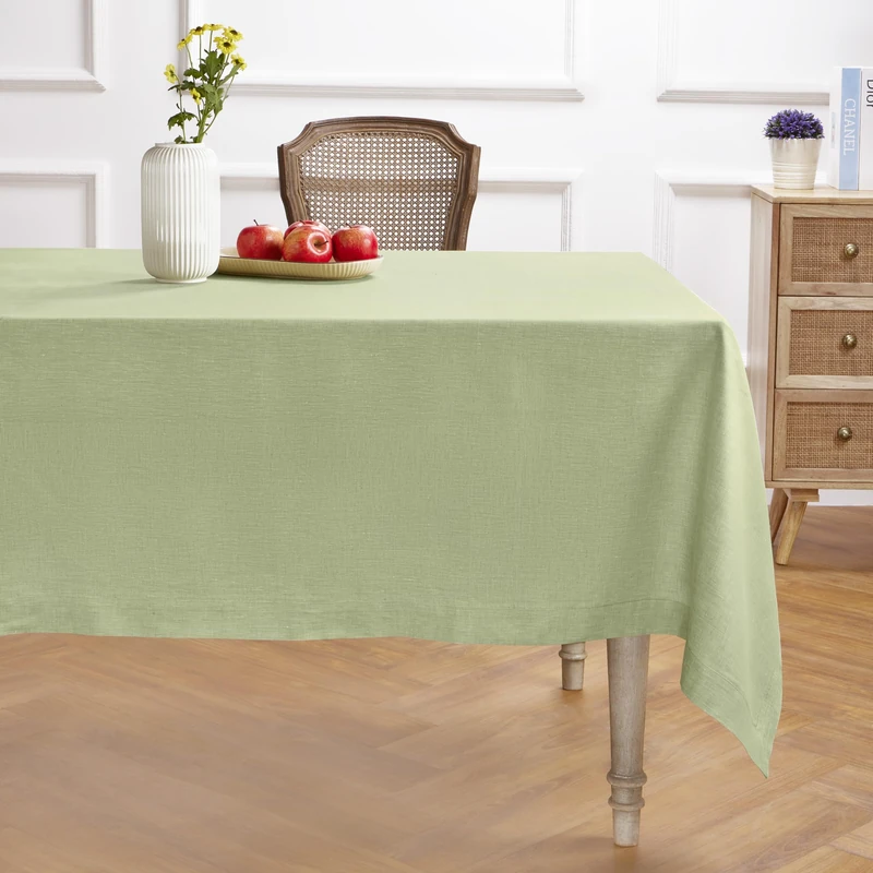 Solino Home Linen Tablecloth 60 x 120 Inch - 100% Pure Linen Chambray Olive Table Cloth for Rectangle Tables - Athena, Machine Washable Tablecloth for Summer