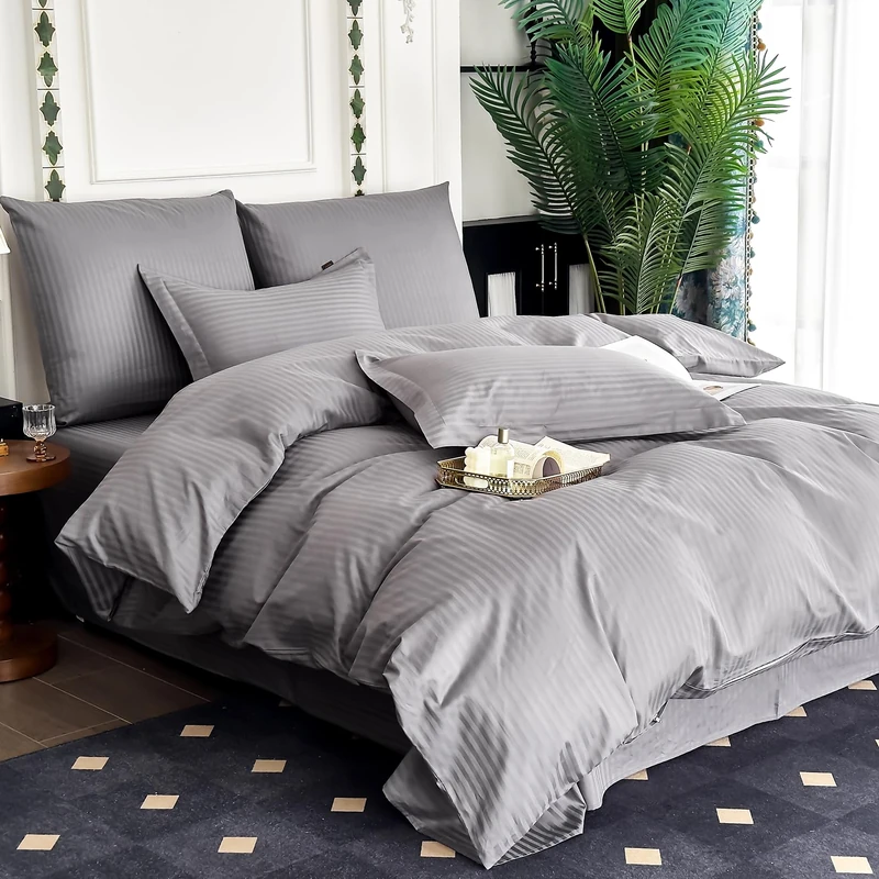 Amolavet Hotel Collection Duvet Cover King Size 100% Cotton Satin Grey Striped with Zipper Closer Grey Striped Duvet Cover King 3 Pcs Set(1 Duvet Cover & 2 Pillow Shams) Comforter Cover King Size